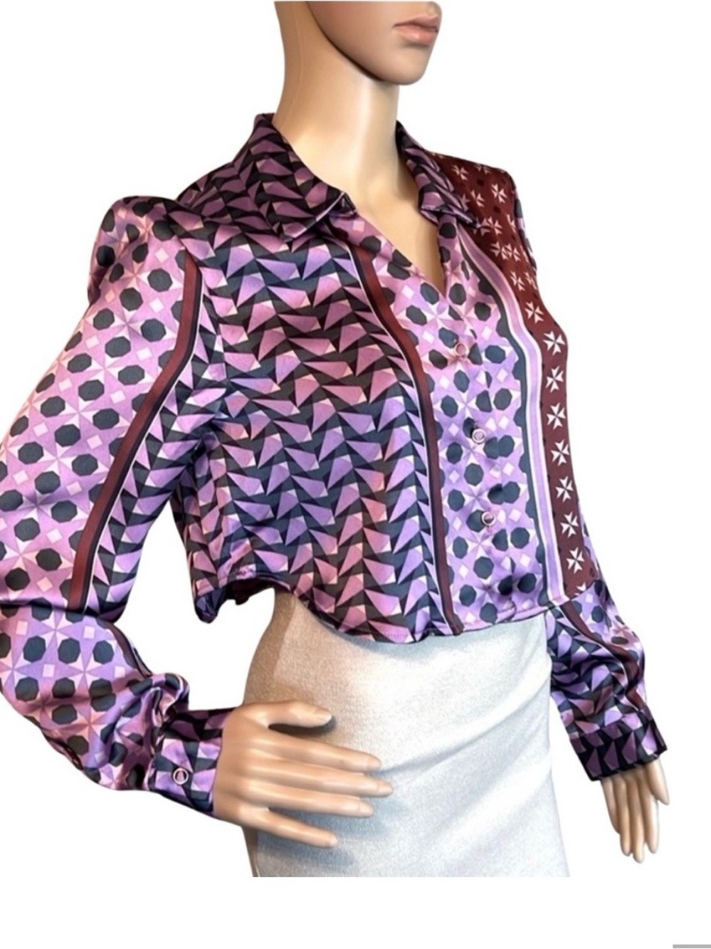 House of Harlow 1960 Purple and Blue Patchwork Long Sleeve Crop Blouse L